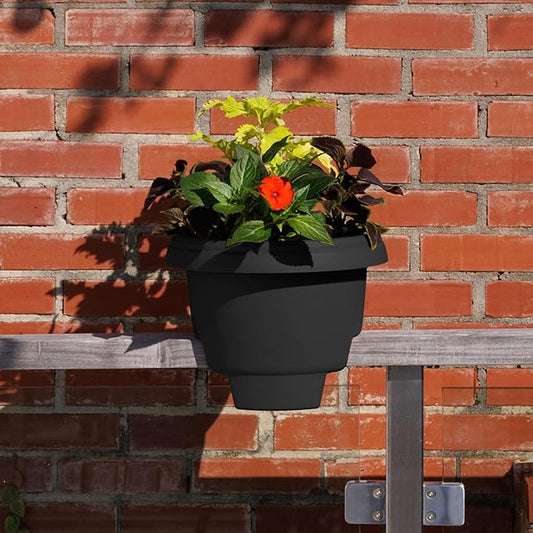 Bloem 12" Black Resin Deck Rail Round Planter, 9" H, 12" L, 12" W, Fits Rail Sizes Between 3.25" - 3.75" Wide