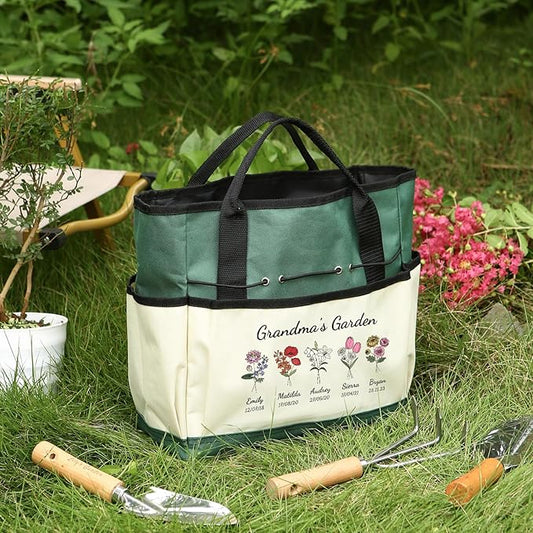 Personalized Garden Tools Set for Women: Custom Text Garden Tool Bag and Garden Shovel & Transplant Shovel & Hand Rake - Gardening Gifts for Mom Grandma Gardening Lover (5 Flowers)