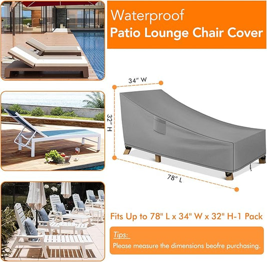 WLEAFJ Patio Chaise Lounge Cover Waterproof, Heavy Duty Outdoor Lounge Chair Covers, Durable Patio Furniture Covers, 78L x 34W x 32H inch - 2 Pack, Gray
