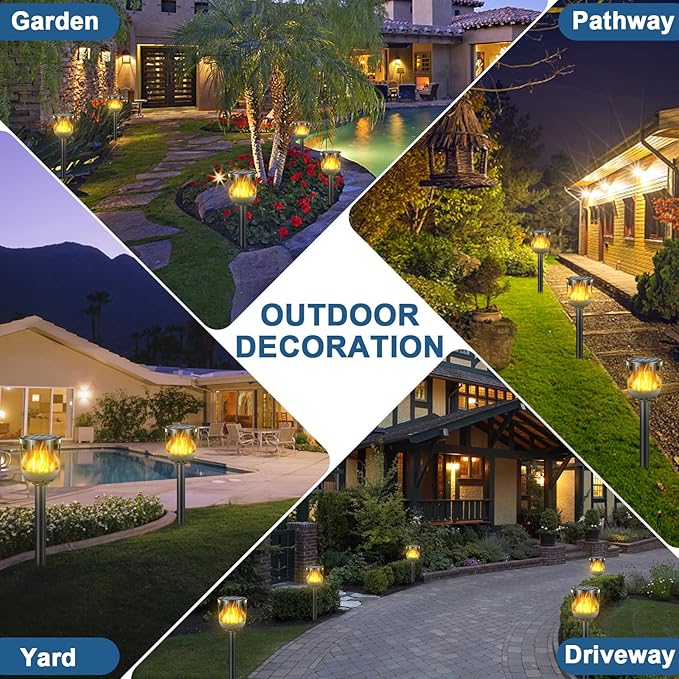 Solar Tiki Torches with Flickering Flame - Solar Lights Outdoor Waterproof, Auto On/Off, Solar-Powered Decorative Lighting for Garden, Yard, Landscape, Patio, Driveway, Walkway, Pathway (6)