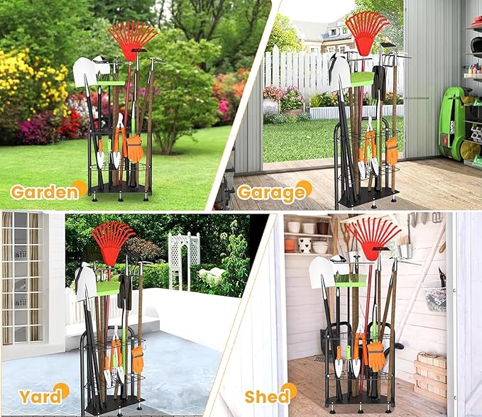 Garden Tool Organizer, Yard Tool Tower Rack for Garage Organization and Storage,Tool Holder Up to 35 Long-Handled Tools/Rakes/Brooms, Heavy Duty Steel Garden Tool Stand for Shed, Outdoor