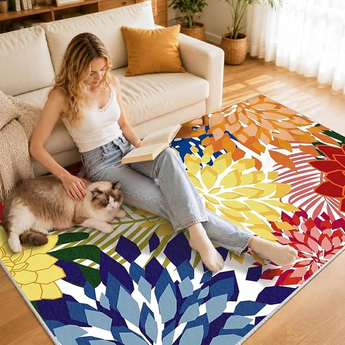 ZonLi Outdoor Rug 9x12Ft Waterproof Multicolored Indoor Area Rug Washable Outdoor Patio Rugs Tropical Floral Non Slip Outdoor Carpet for Living Room, Pool,Backyard,Deck,Camping.