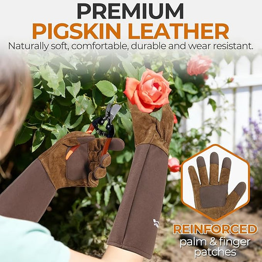 HANDLANDY Long Gardening Gloves for Men & Women, Cowhide Leather Rose Pruning Gloves- Breathable & Durable Gauntlet Glove (X-Large, Brown)