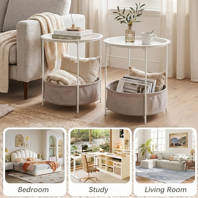 VECELO Round Side/End Table with Fabric Storage Basket,Metal Anti-Rust and Waterproof Small Bedside Nightstand with Removable Tray Top for Living Room,Balcony & Laundry,Beige/2pcs with Basket