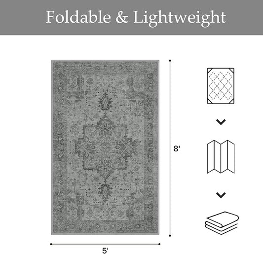 GENIMO Outdoor & Indoor Area Rug 5'x8', Waterproof, Non-Shedding, Easy Cleaning, Boho Mat for Patio, Living Room, Balcony, Dining Room, RV, Deck, Bedroom, Camping, Outside Carpet,Dark Grey