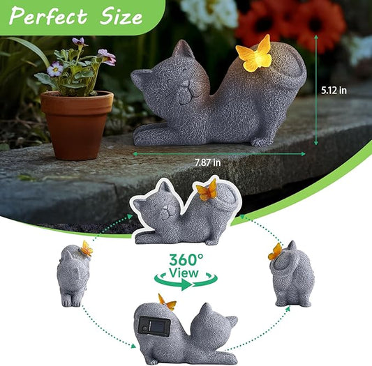 Solar Garden Statue with Glowing Butterfly, Outdoor Resin Cute Figurine with Solar Light, Waterproof Yard Decor for Patio, Lawn, Porch, and Unique Garden Gifts for Lovers (solar cat statue gray)