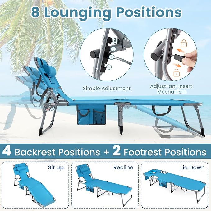 Goplus Tanning Chair, Folding Adjustable Patio Lounge Chair with Face Hole, Removable Pillow, 330LBS, Carry Strap, Outdoor Sunbathing Chair, Lightweight Portable Beach Lounge Chair (2, Navy)