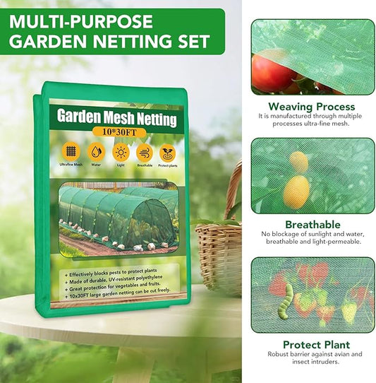 Garden Mesh Netting Kit for Raised Beds, 10x30FT Green Garden Netting &6 Sets Fiberglass Garden Hoops, Row Cover Garden Netting Pest Barrier Plant Protection for Vegetable Flowers Fruits