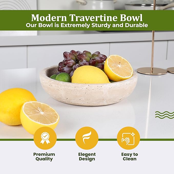 FNTSTICGOODS Travertine Decorative Bowl - 7.8” Diameter & 2” Height - Key Bowl for Entryway Table - Travertine - Organic Modern Centerpiece - Beige/Natural