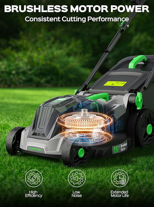 TIECTOWN 40V 16-Inch Brushless Cordless Lawn Mower with 4.0Ah Battery & Charger, 2-in-1 Electric Push Mower, 5-Position Height Adjustment, Lightweight, Compact Storage, for Small Yards - Green