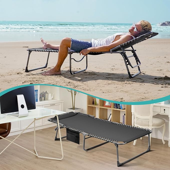 #WEJOY Folding Lounge Chair Outdoor, 5-Position Adjustable Sunbathing Tanning Chair with Shoulder Strap & Side Pocket, Heavy Duty Reclining Chair for Patio Pool Camping, Portable Folding Bed Cot Khaki