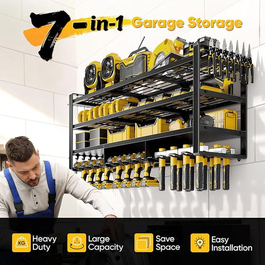 POKIPO 49" W Large Power Tool Organizer Wall Mount, 4 Layer Heavy Duty Loads 800 lbs, Tool Storage Rack Holds 12 Cordless Drills, Large Capacity Battery Holder for Garage, Gift for Men