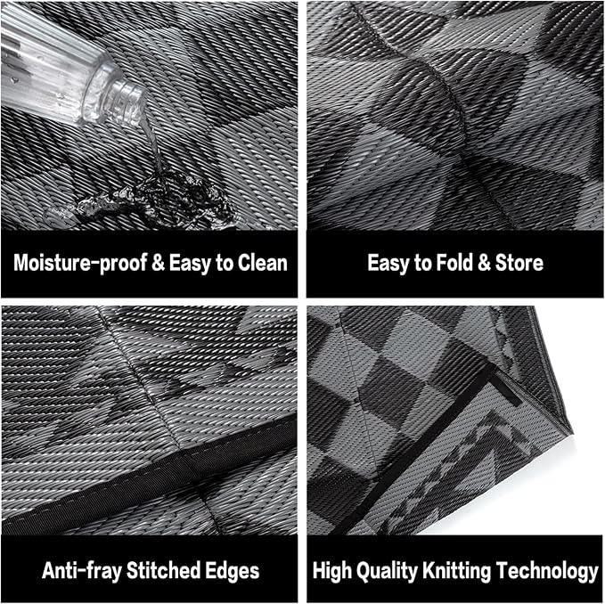 HUGEAR Outdoor Waterproof Rug 8'x10' Plastic Straw Rugs Washable Reversible Floor Mat Black/Grey Plaid Carpet for Camping RV Deck Entryance Porch Picnic Balcony Beach Backyard