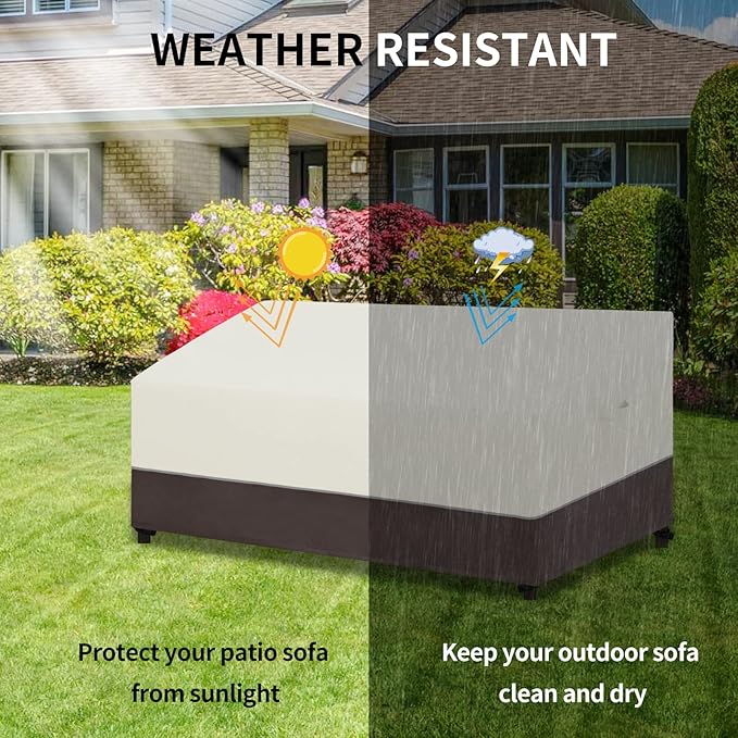 Easy-Going Patio Sofa Cover UV Resistant Outdoor Couch Cover Bicolor Patio 3-Seater Bench Cover Waterproof Outdoor Furniture Cover with Reflective Hemming (95Wx40Dx35H inch, Beige/Brown)