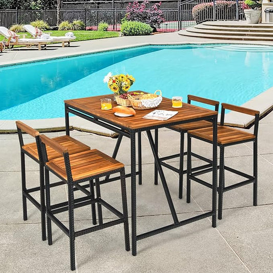 RELAX4LIFE 5-Piece Patio Bar Set, Acacia Wood Counter Height Bistro Dining Table w/Umbrella Hole, Wicker Rattan Bar Stools Set of 4 for Balcony Backyard Poolside, 5PCS Outdoor Bar Table and Chairs Set