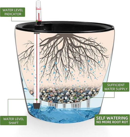 Dexceder 9x8 Inches High Gloss Self Watering Planter Indoor Outdoor, Inner Pot Design, Thickened Table Flower Plant Pot with Water Level Indicator (Black)