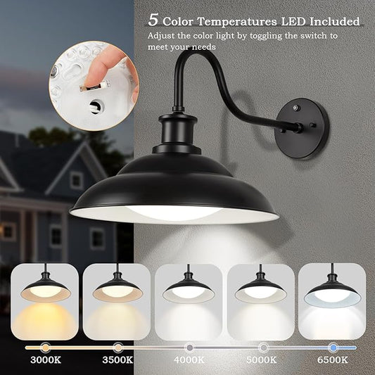 Dusk to Dawn Outdoor LED Barn Lights, 16 Inch Large Farmhouse Exterior Wall Light Fixtures with Adjustable Color Temperature, Modern Black White Porch Lights Outside for House Garage Doorway