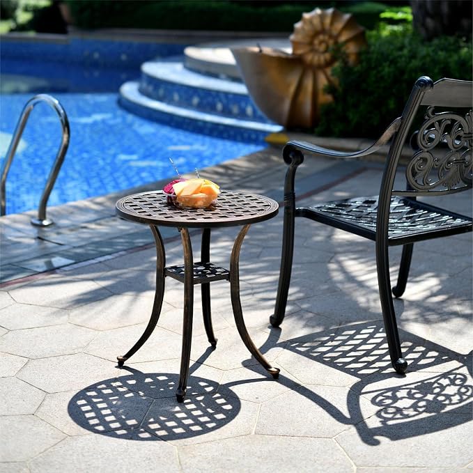 Outdoor 19" Pack of 2 Cast Aluminum Round Side Table for Patio, Backyard, Pool, Easy Maintenance and Weather Resistant (2, Bronze)