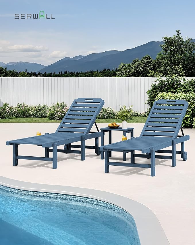 SERWALL Outdoor Chaise Lounge, 78" Length Patio Chaise Lounge Chair with 5 Positions Adjustable Backrest, HDPE Lounge Chair with Rolling Wheels & Cup Holder for Pool, Blue