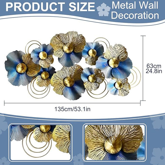 edaknez Metal Wall Art for Living Room, Extra Large Metal Wall Decor, 3D Modern Leaves Wall Decoration, Lotus Flower Wall Hanging Sculpture, for Indoor Outdoor, Blue & Gold (A 130x66x6cm)
