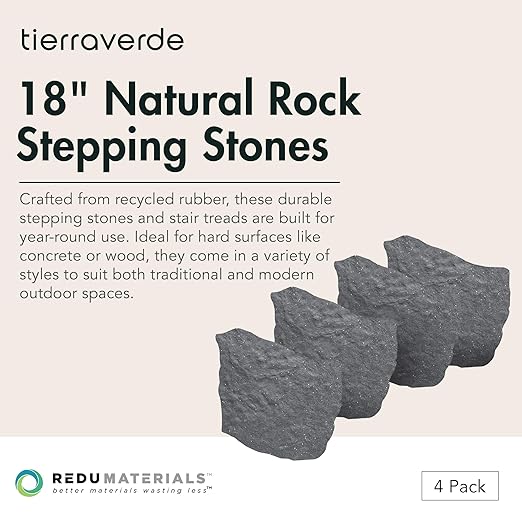TierraVerde 4-Pack 18”x22” Natural Rock Rubber Stepping Stones, Grey – Non-Slip Outdoor Faux Decorative Set for Landscaping & Gardening – DIY Decor for Walkways & Yard Pathways
