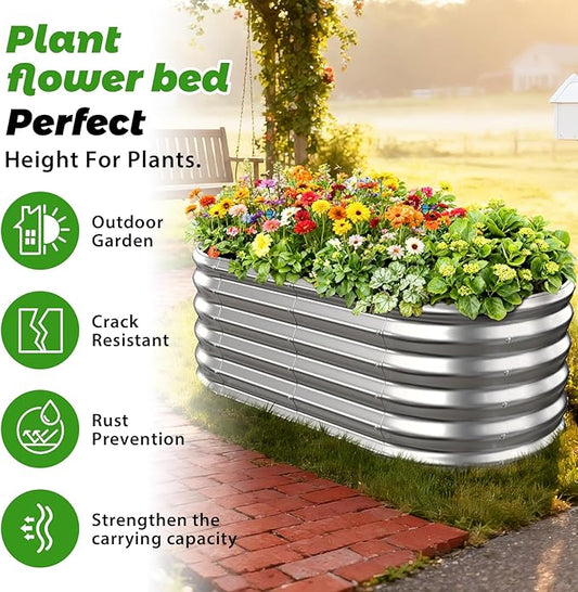 YSEJOMP 17" Tall Outdoor Garden Raised Garden Bed Kits, 4ft X 2ft Oval,0.8MM Thick Metal Raised Planter Bed/Ground Planter Box for Variety of Flowers,Herbs,Vegetables (Silver, 48X24X16.5 Inches)