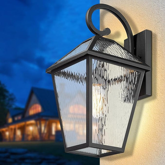 Outdoor Lights Fixtures Wall Mount, Outdoor Wall Lantern with Water Ripple Glass, Waterproof Outside Exterior Wall Sconce Lights Fixture for House, Front Porch, Patio, Medium, Matte Black