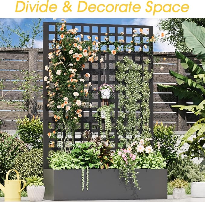 Metal Planter Box with Trellis, 71"x 47"x 16" Raised Garden Bed, Planter Box Trellis with Privacy Screen and Drainage Holes, Black