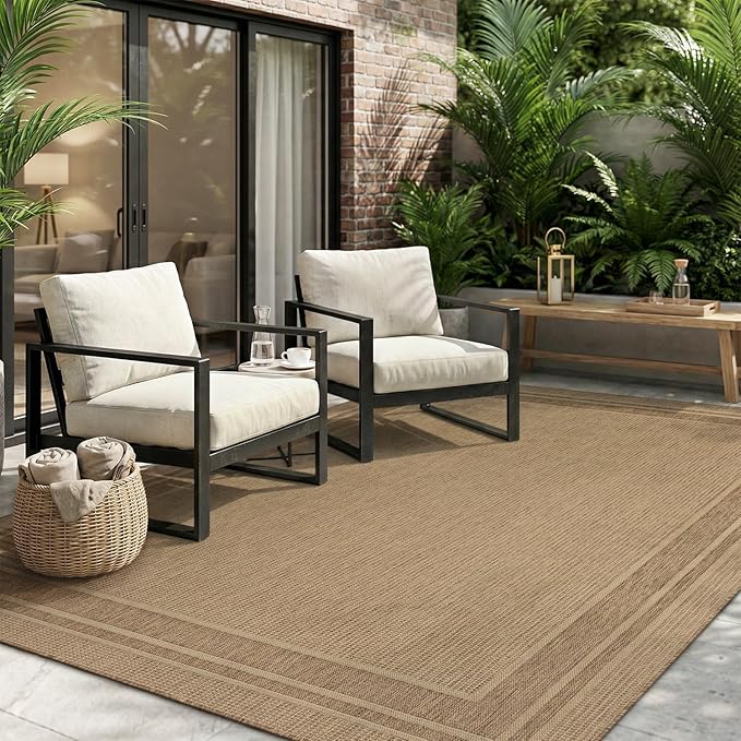 MontVoo-Outdoor Rug-Patio Rug 9x12 ft Polypropylene Indoor Outdoor Rugs Outdoor Carpet for Patio Deck Balcony Porch, Textured Weave, Durable for High Traffic, Fade-Resistant, Modern Neutral Brown