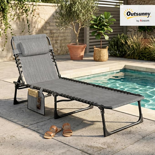 Outsunny Folding Chaise Lounge Chair Outdoor, Sun Tanning Chair with Side Pocket, Carrying Strap, Portable Patio Beach Lounger with 5-Position Reclining Back, Headrest for Pool, Camping, Yard, Gray