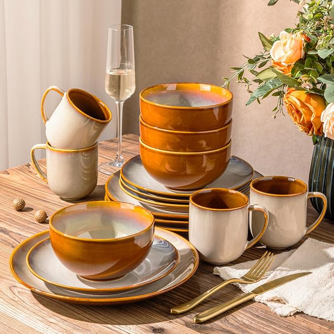 LERATIO Ceramic Dinnerware Sets for 4,16-Piece Reactive Glaze Plates and Bowls Set with Mugs,Highly Chip and Crack Resistant | Dishwasher,Microwave & Oven Safe Dishes set-Kahki