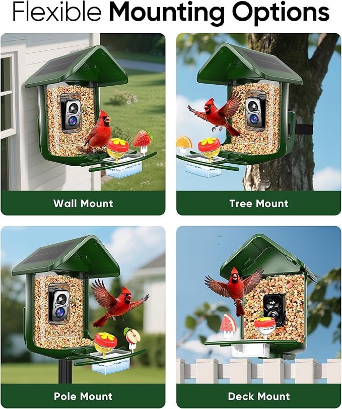Bird Feeder with Camera Solar Powered - Smart Bird Feeder Camera 2K HD Live Stream, 5MP Photos, AI Identification for Backyard, 2.4Lb Large Capacity, Gifts for Mom Dad, Green