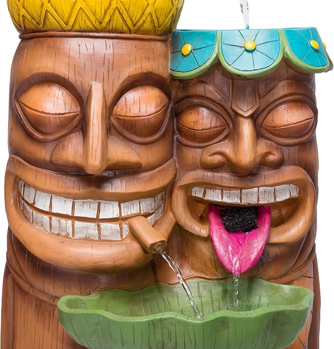 Alpine Corporation - 3-Tiered Colorful Tiki Head Water Fountain, Indoor/Outdoor Tropical Waterfall with LED Lights, for Garden, Patio, Yard, 35" H