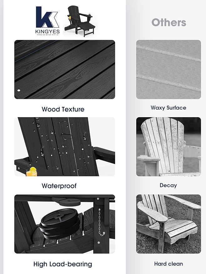 KINGYES Adjustable Folding Adirondack Chair with Footrest & 4-in-1 Multi-Functional Armrest Organizer Set of 2, HDPE Foldable Reclining Adirondack Chair with Pull-Out Ottoman, Black