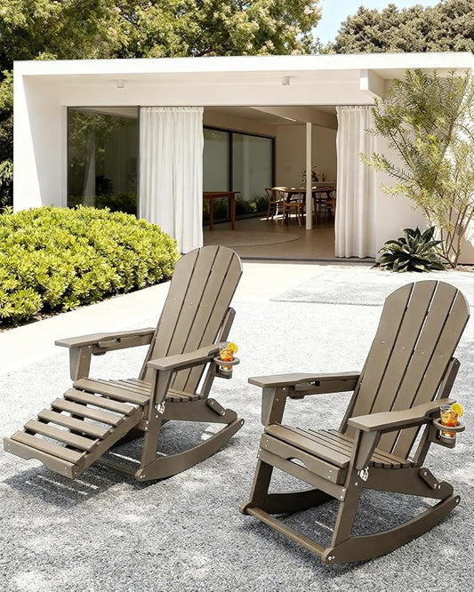 Adirondack Rocking Chairs Set of 4 with Retractable Ottoman, All Weather Folding Adirondack Chair with Two Cup Holders, Adirondack Outdoor Rocking Chairs for Porch, Patio, Balcony. Brown