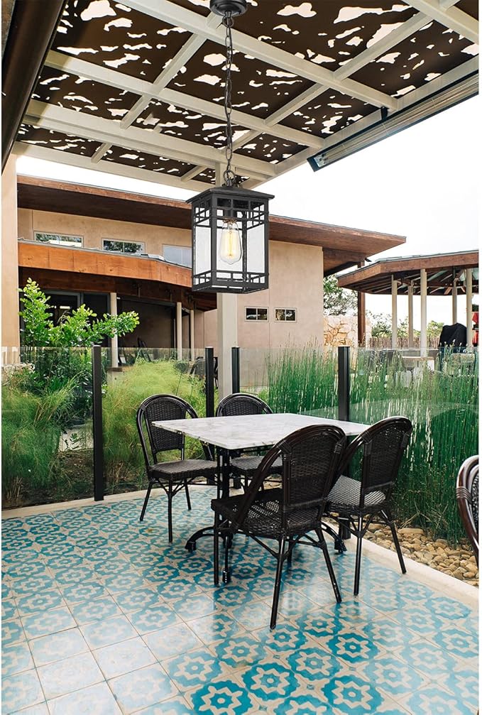 Treekee Outdoor Pendant Lighting, Hanging Lantern with Adjustable Chain, Exterior Hanging Porch Light in Black Finish with Seeded Glass, Outside Pendant Lamp for Front , Entry, Patio, Gazebo