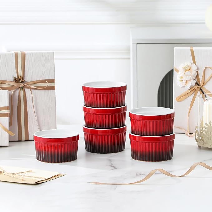 MALACASA Ramekins 8 oz Oven Safe, Large Ceramic Souffle Dishes for Baking & Serving, Stoneware Custard Cups Ramekin for Creme Brulee, Baking Bowls Set of 6, Red, Series RAMEKIN-DISH
