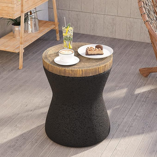 HOMPUS Outdoor Concrete Side Table Sets of 2, 2 Pieces Black Round Patio End Table, Small Outdoor Accent Table, Hourglass Shaped Garden Stool for Paito, Outside, Black