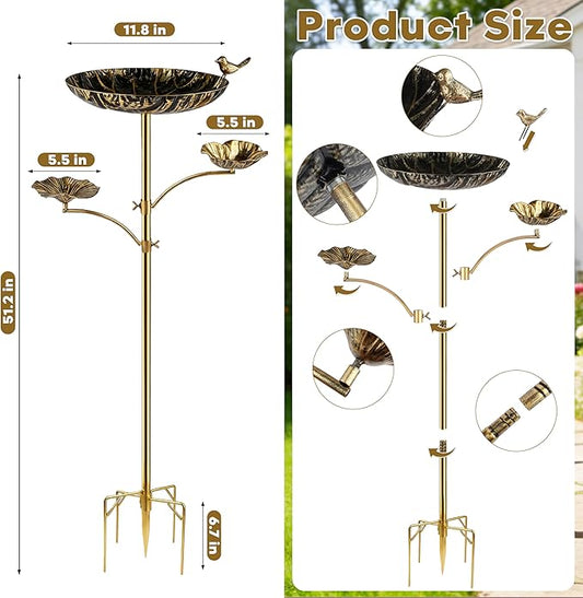 HUFAND Triple Bowl Bird Bath for Outside, 3-in-1 Bird Bath & Feeder with 4-Claw Ground Stake, 51in Height, 11.8in Large Top Bowl, Outdoor Birdbath for Garden Patio Yard Decor, Black Gold
