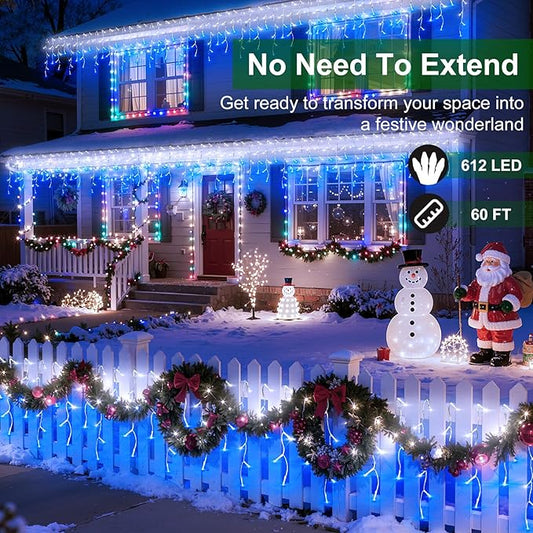 612 LED Christmas Lights with 136 Drops, 60ft 12 Modes Hanging ice String Lights with Timer & Dimmable & Waterproof, Plug-in Fairy Lights for Holiday Wedding Party Christmas Decor Blue & CoolWhite