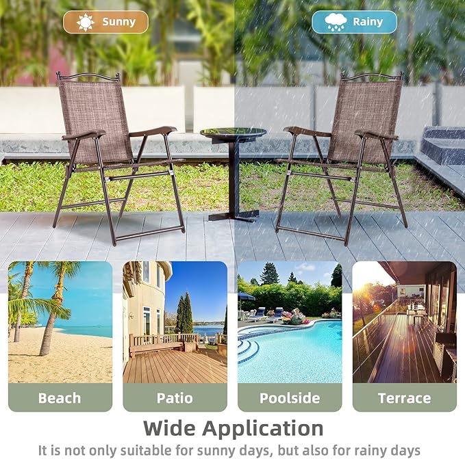 Tangkula Set of 4 Patio Folding Dining Chairs, Outdoor Sling Lawn Chairs with Armrests, Steel Frame, Portable Camping Lounge Chairs for Backyard, Deck, Poolside and Garden, No Assembly (2, Brown)
