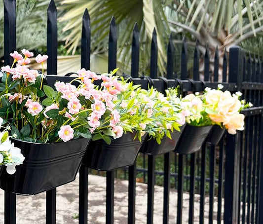 12" Balcony Railing Planters, Outdoor Hanging Planter for Fence, Stylish Metal Porch Deck Flower Pot for Herbs & Succulents (Black, Pack of 4)