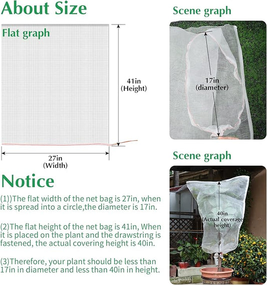 Kikhope 5 Pcs Insect Bird Barrier Netting Mesh with Drawstring- 41"x27" Garden Netting Pest Barrier Plant Cover- Fruit Tree Net for Protect Plant Fruits Flower Vegetables from Insect Bird Eating