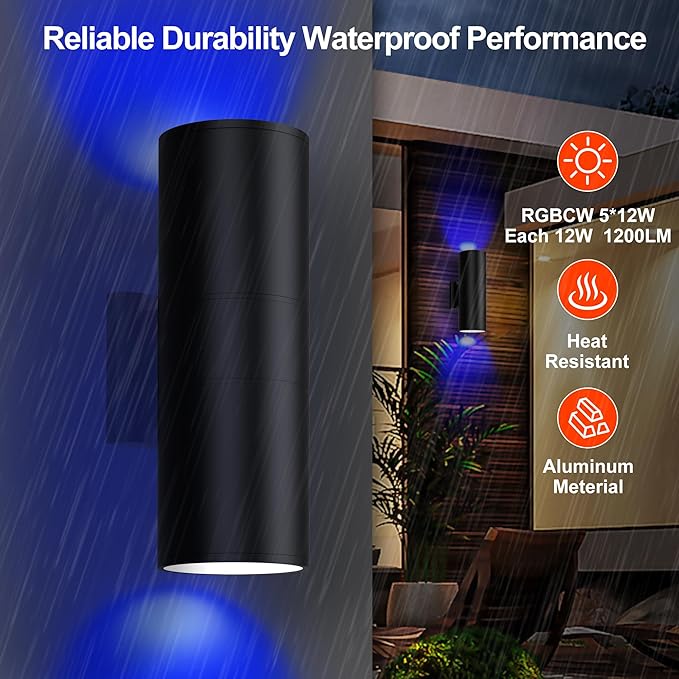 Smart RGBCW Up and Down Outdoor Wall Lights 120W, Dual Beam LED Wall Sconce with App & RF Control, 2700K-6500K Adjustable White, Color Changing Dimmable Exterior Light for Porch, Patio, Garage