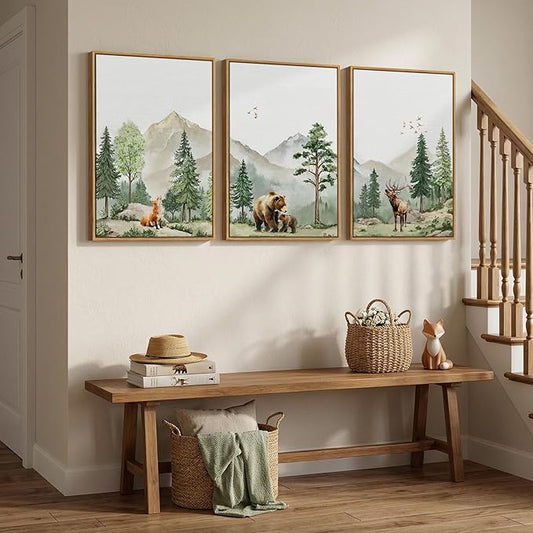 Framed Rustic Forest Animal Wall Art, 3 Piece Nature Landscape Deer Bear Fox Canvas Artwork for Modern Farmhouse, Watercolor Wildlife Woodland Painting Prints for Living Room Bedroom Nursery, 16x24