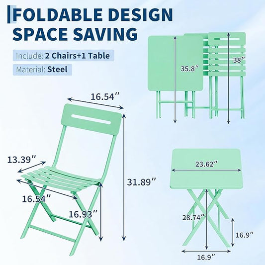 GarveeTech 3-Piece Folding Bistro Set, Heavy Duty Outdoor Patio Furniture with 2 Chairs & 1 Table, Weather-Resistant Steel Frame, No Assembly Required for Garden, Yard, Balcony,Green