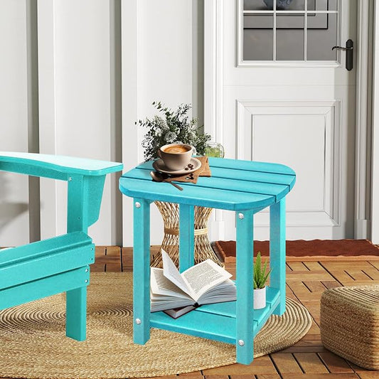 LZRS 2-Tier Patio Side Table, Heavy Duty HDPE Outdoor End Table with Wood Texture, Weatherproof Composite Table for Adirondack Chairs, Deck, Pool, Indoor/Outdoor, No Peeling Cracking(Turquoise)