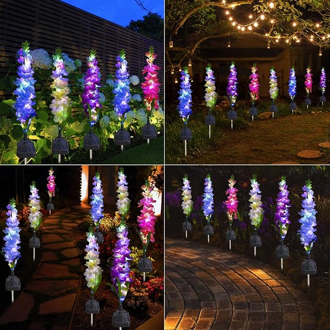 Solar Garden Lights, Solar Delphinium Flowers Lights 4 Pack 80 LEDs, Waterproof Outdoor Light Two Lighting Modes for Outside Wedding Party Garden Yard Patio Lawn Decor