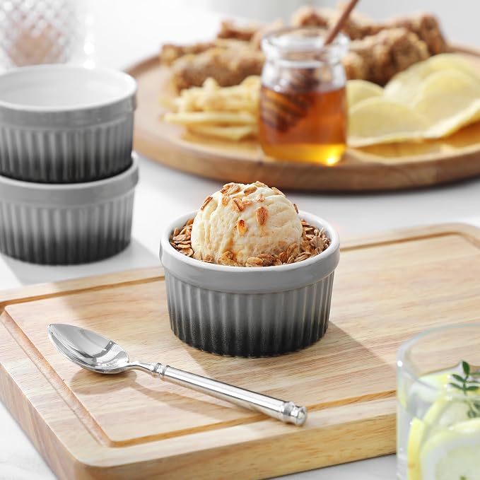 MALACASA Ramekins 4 oz Oven Safe, Small Ceramic Souffle Dishes for Creme Brulee Souffle, Stoneware Custard Cups Ramiken for Baking, Baking Bowls Dipping Sauce Dish Set of 6, Grey, Series RAMEKIN-DISH