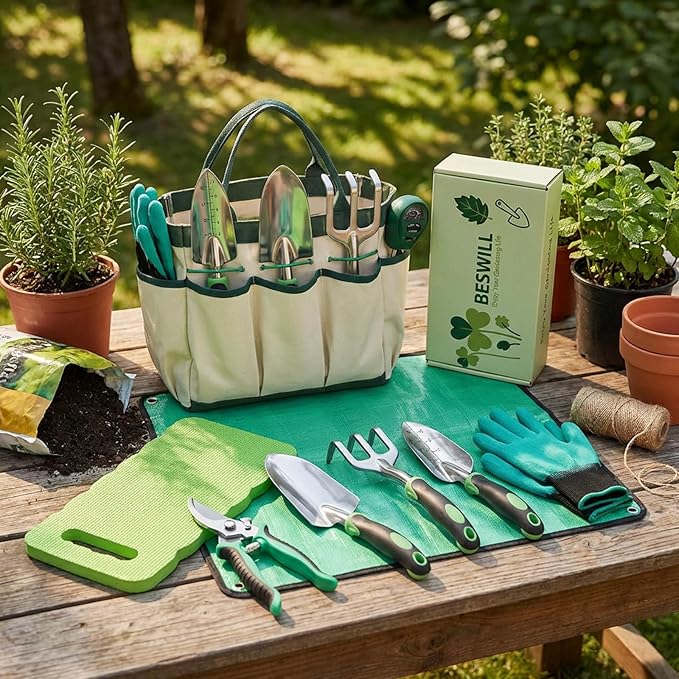 10 Piece Heavy-Duty Gardening Tools Set with Soil Moisture Meter - Rust-Proof Aluminum Gardening Hand Tools with Ergonomic Non-Slip Rubber Grips - Gardening Supplies Ideal Gift for Men & Women